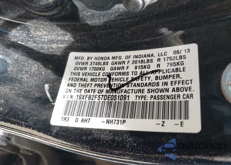 2013 Honda Civic Lx from USA, damaged, VIN 19XFB2F57DE051091